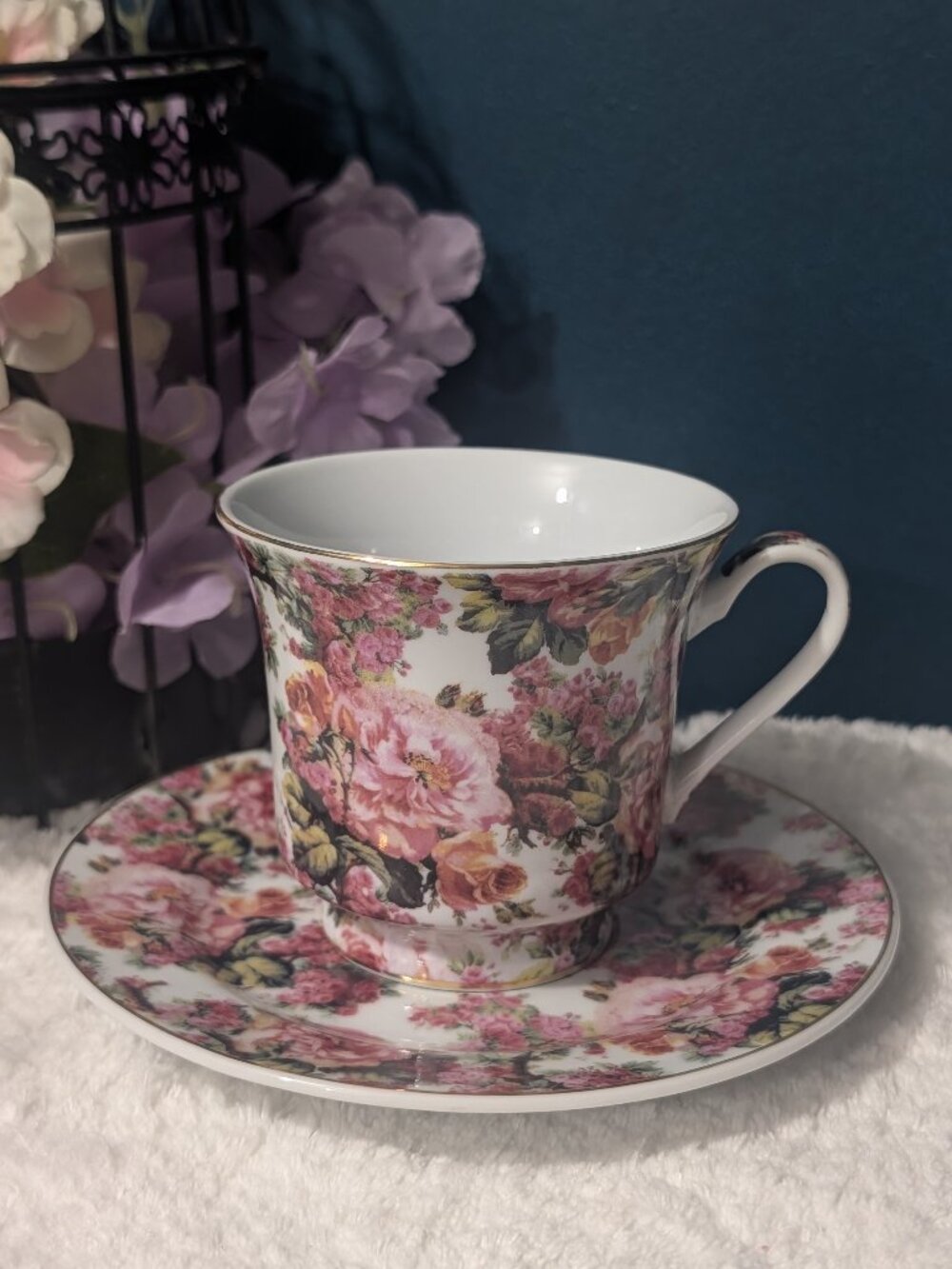 Vintage Darice Rose Chintz Tea Cup and Saucer Set Gold Trim Porcelai
